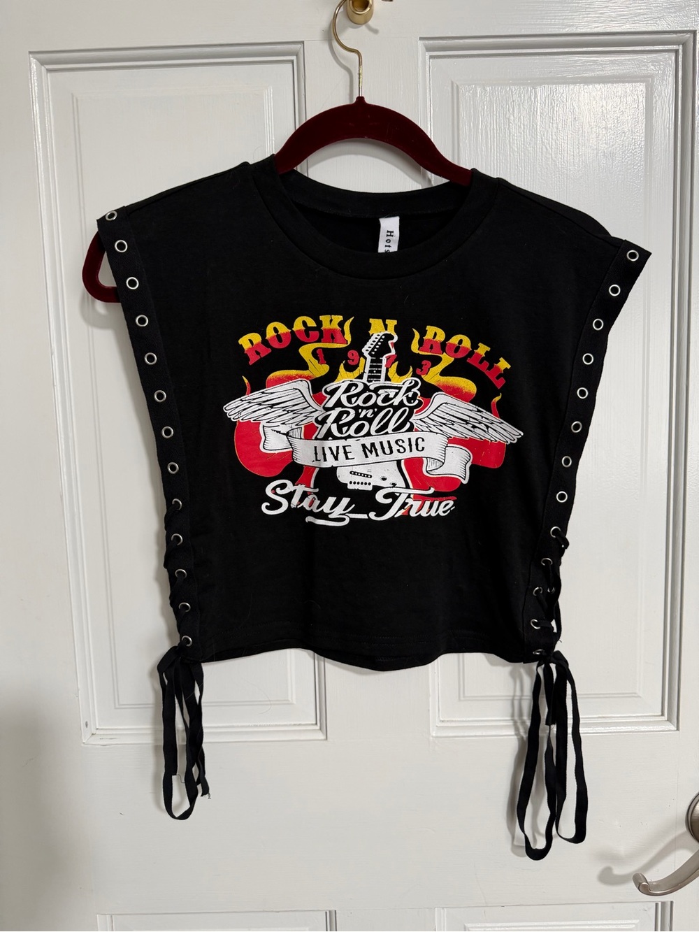 Black Hot 7 Rock & Roll Graphic Grommet Cropped T-Shirt Size L - Picture 5 of 9